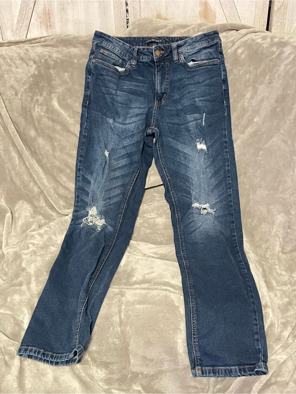 BEAST Men's Slim Straight Jeans - Dark Blue Distressed Wash